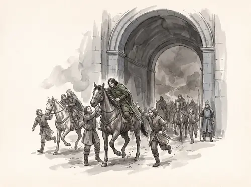 Faramir, retreating from Ithilien, is rescued outside the gates by Gandalf; that night he tells Denethor of Frodo.