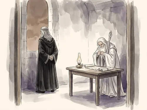 Gandalf counsels Denethor against sending Faramir to Osgiliath, in vain.