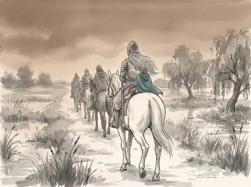 The Rohirrim ride east through the Folde and the Fenmarch under the darkness; Merry rides before Dernhelm.