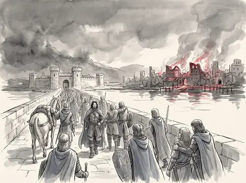 The enemy crosses the River; Faramir falls back to the Causeway Forts on the Rammas.