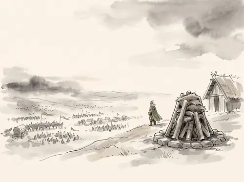 Théoden camps under Min-Rimmon; the beacon-hills stand dark under the gloom.