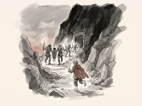 Shelob stings Frodo; Sam drives her off, takes the Ring, then follows the Orcs who carry Frodo into the Tower.