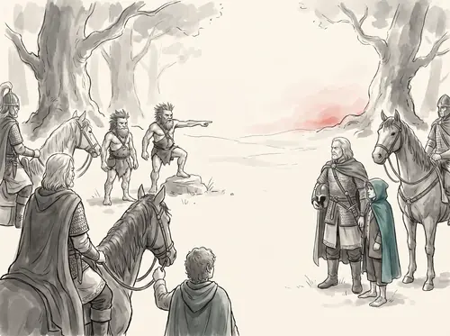 The Rohirrim halt in Drúadan Forest; Ghân-buri-Ghân offers to guide them by the Stonewain Valley.