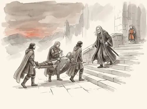 Pippin watches Faramir borne in wounded; Denethor's despair begins.