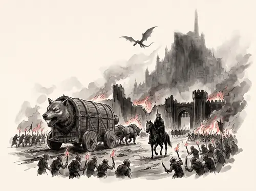 The Witch-king's host besieges the City; siege-engines hurl fire; Grond comes to the Gate before dawn.