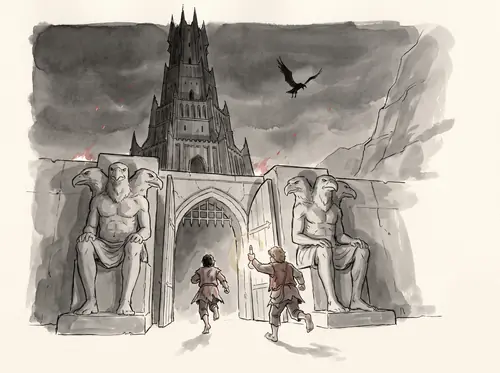 Sam finds Frodo in the Tower, returns the Ring, and the two escape past the Watchers with the Phial as a Nazgûl cries above.