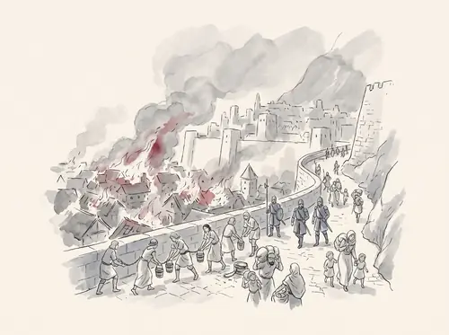 Minas Tirith is besieged; the first circle burns; Denethor abandons command; Grond is drawn up in the night.