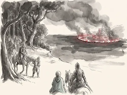 Led by the Wild Men through the Stonewain Valley, the Rohirrim come by night to the Grey Wood under Amon Dîn.