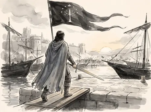 At the Harlond Aragorn lands and unfurls Arwen's standard; the Pelennor is won; that night he heals Faramir, Éowyn and Merry.