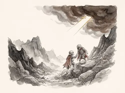 Frodo and Sam escape into Mordor and begin north along the Morgai; at morning a wind from the West breaks the darkness.