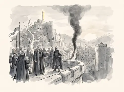 In the early hours the Witch-king breaks the Gate; Denethor burns himself on a pyre; Imrahil takes command of the City.