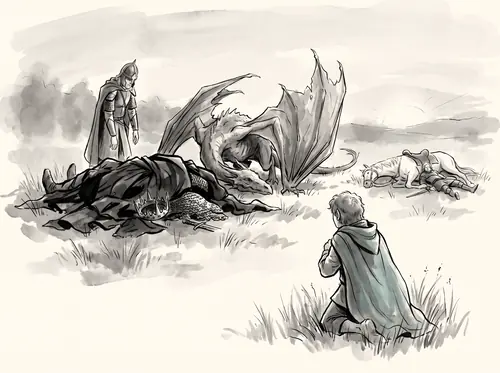 Merry stabs the Witch-king behind the knee as Éowyn slays him; Théoden dies; Merry wanders into the City and Pippin finds him.