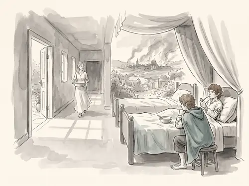 Merry lies healed in the Houses of Healing; Pippin sits with him.