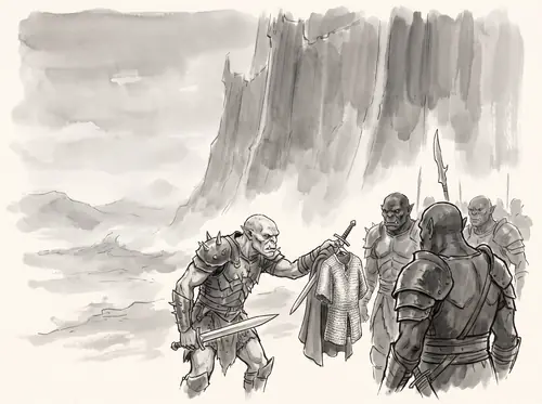 Shagrat brings Frodo's cloak, mail-shirt and sword to the Barad-dûr.