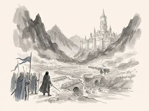 The Host comes to the Cross-roads and the Morgul Vale; the bridge and fields are burned; the march turns north.