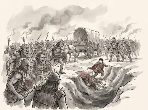 In the crush where roads meet near the Isenmouthe, Frodo and Sam slip from the column and begin along the road toward the Barad-dûr.