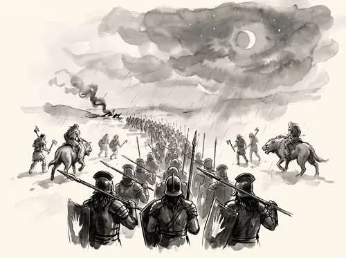 Saruman's full strength issues from Isengard: Erkenbrand is routed at the Fords; the army marches on Helm's Deep.