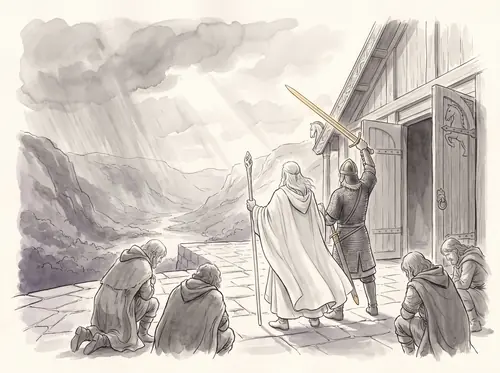 Gandalf heals Théoden, frees Éomer, expels Wormtongue; rides west with the host, then leaves it at evening on Shadowfax.