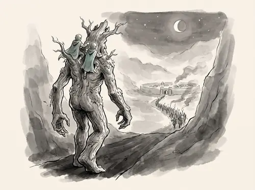 Entmoot ends in the afternoon; the Ents march; Merry and Pippin ride on Treebeard and reach Nan Curunír at night.