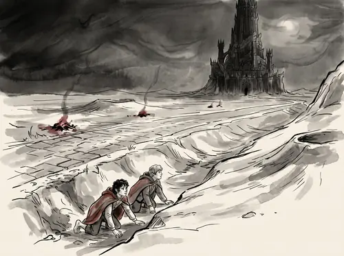 Along the road toward the Barad-dûr across Gorgoroth, moving by night.