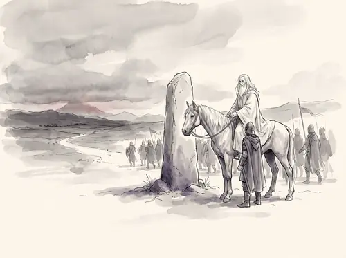 Gandalf with the Host as it leaves Ithilien.