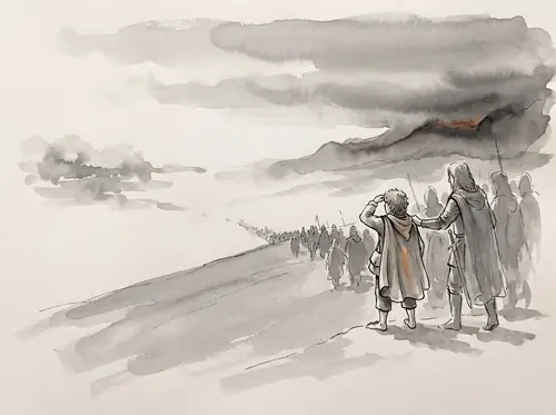 Pippin with the Host as it leaves Ithilien.