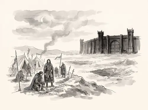 The Host camps in the Desolation of the Morannon within sight of the Black Gate.