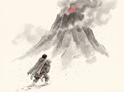Their last journey: crawling, then Sam carrying Frodo, they reach the feet of Mount Doom.