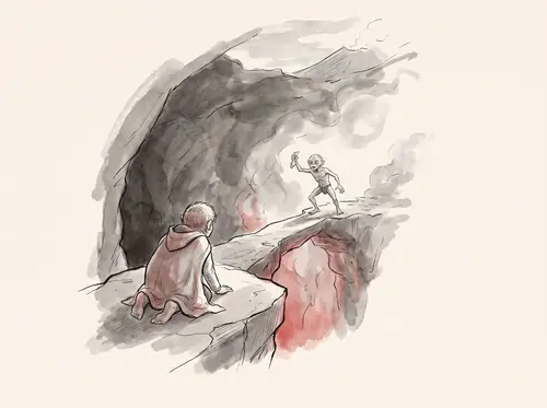 Frodo and Sam reach the Sammath Naur; Frodo claims the Ring; Gollum bites it off and falls into the Fire; the Ring is destroyed.