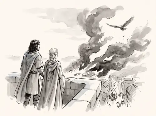 On the walls Faramir and Éowyn feel the earth tremble and see the Shadow rise and blow away; the Eagle brings the tidings.