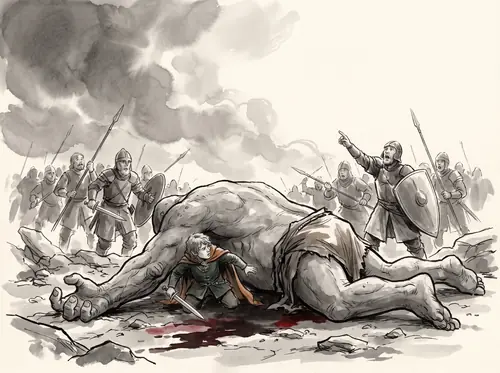 Pippin kills a hill-troll and is crushed beneath it, hearing 'The Eagles are coming!' as he loses consciousness.