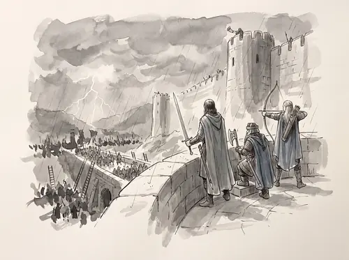 The host turns for Helm's Deep; Saruman's army comes in the night; Aragorn holds the Deeping Wall with Éomer; Gimli and Legolas count kills.