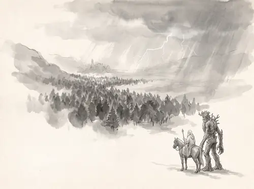 Gandalf rides to Isengard and confers with Treebeard; Huorns set out for Helm's Deep; he then gathers Erkenbrand's scattered men.