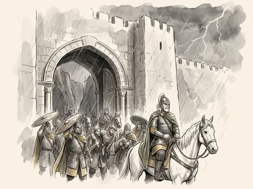 Théoden retreats to Helm's Deep; the Battle of the Hornburg begins in the night amid storm.