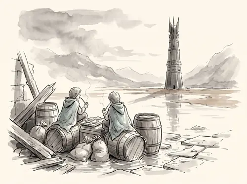 Isengard lies flooded; the hobbits keep watch at the gates on Treebeard's orders, feasting on Saruman's stores.