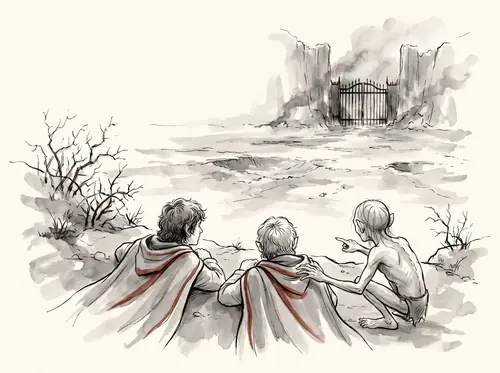 Frodo hides in sight of the Morannon, chooses Gollum's secret way, and leaves southward at dusk.