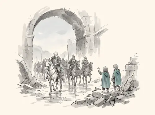 Merry and Pippin greet Théoden and Gandalf at Isengard's gate, feast with Aragorn; that night at Dol Baran Pippin takes the palantír.
