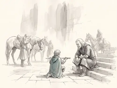 At the Hornburg Merry offers his sword to Théoden and is made his esquire; rides with the King toward Harrowdale.