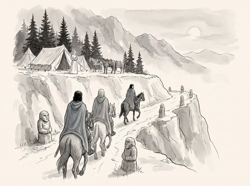 The Grey Company rides through Rohan and comes to Dunharrow at nightfall; Éowyn receives them.