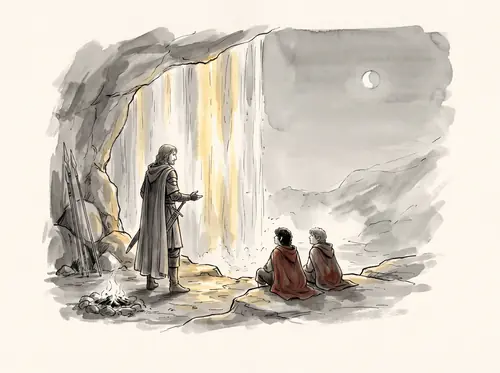 In Ithilien Sam stews rabbit; Faramir's Rangers ambush the Southrons; Frodo is taken blindfold to Henneth Annûn by evening.