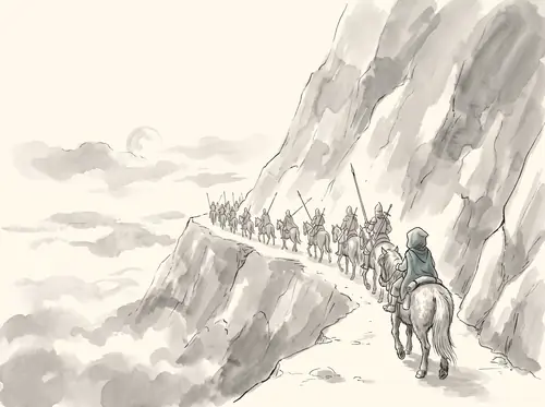 Merry rides with Théoden's company by the mountain roads toward Harrowdale.