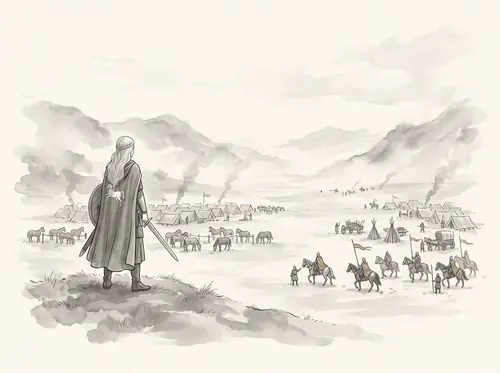 Théoden's company rides by hidden mountain paths toward Harrowdale; the muster gathers at Edoras and Dunharrow.