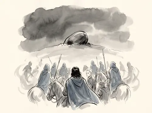 At daybreak Aragorn enters the Paths of the Dead; at midnight at the Stone of Erech he summons the Dead to follow.