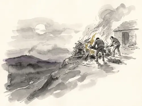 Gandalf rides through Anórien under the lit beacons.