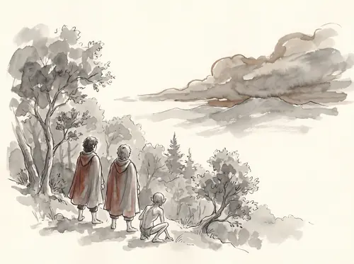 Marching south, Frodo sees the darkness begin to flow out of Mordor; at dusk he reaches the Morgul-road.