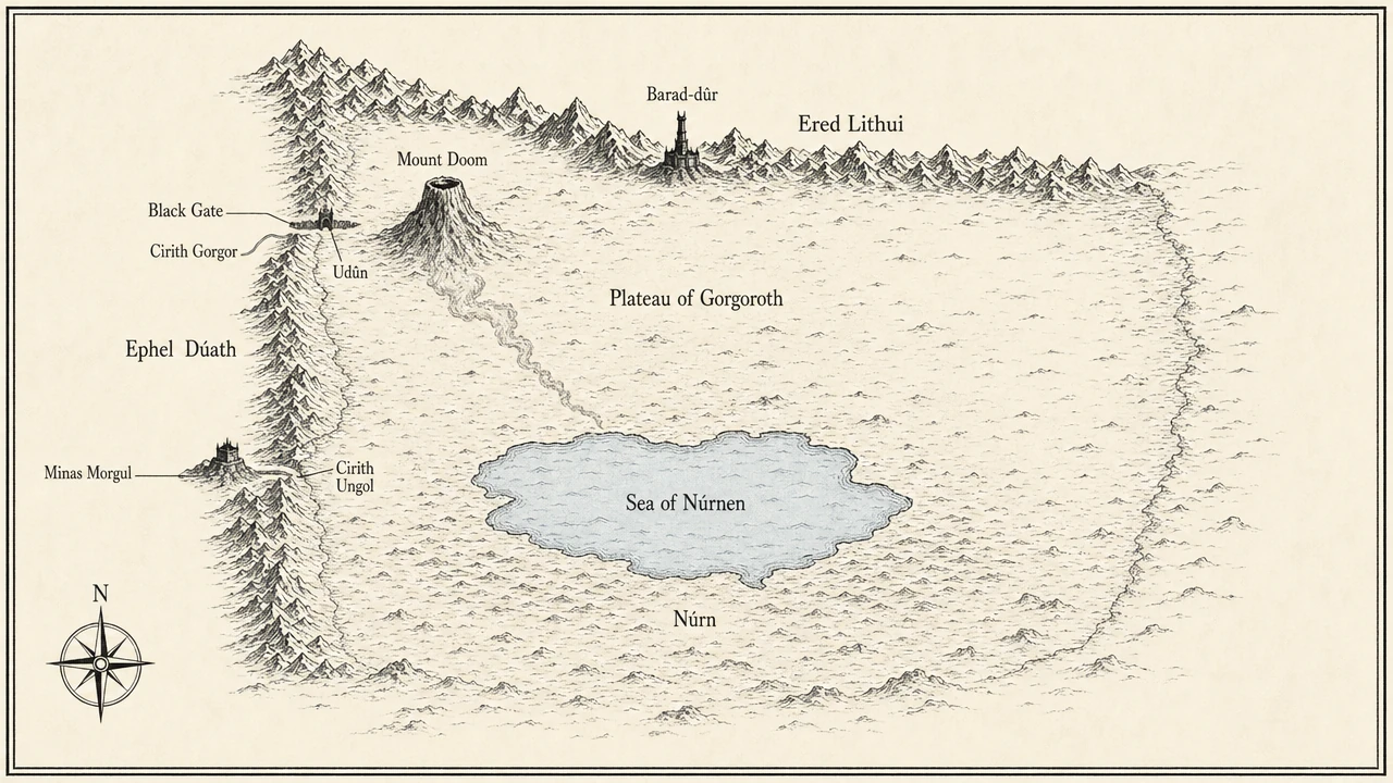 The locked black-and-white reference for Mordor, generated once and used as the geographic source-of-truth for every styled render after that.