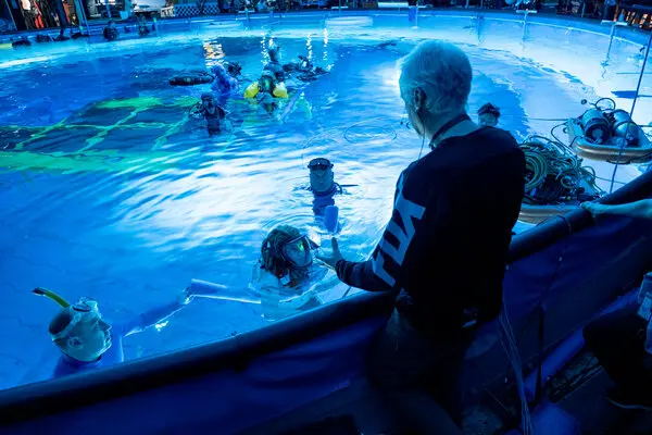 James Cameron overlooking the Avatar water tank during underwater motion capture filming