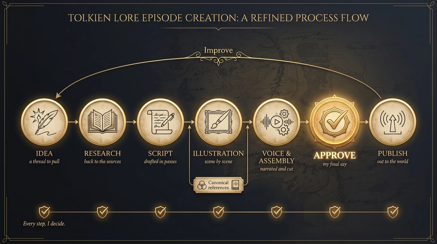 A diagram of the production flow: idea, research, script, illustration, voice and assembly, approve, publish, looping back to improve