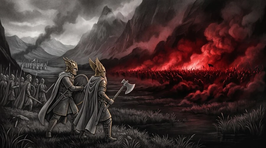 Wide shot: Hurin and Huor holding the mouth of the pass as a burning horde advances