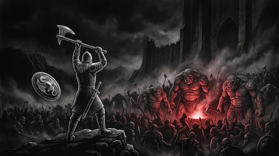 Medium shot from behind Hurin as he flings his shield away and raises the axe
